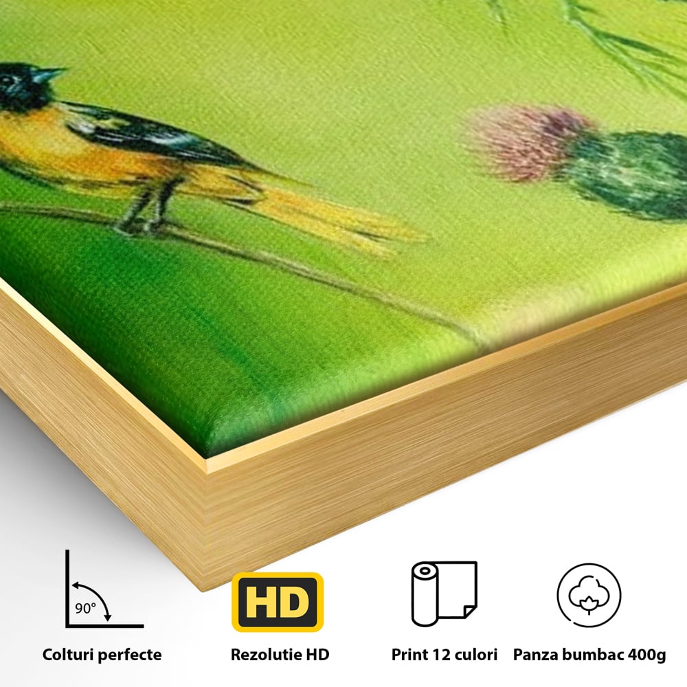 Detaliu al suprafetei: tablou canvas cu pasari si ciulini, in rama de aluminiu auriu